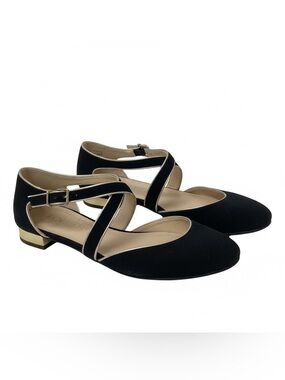 Italian Suede Mary Jane Flats Black Gold Trim Balletcore Chic Size 8 Fits 7.5